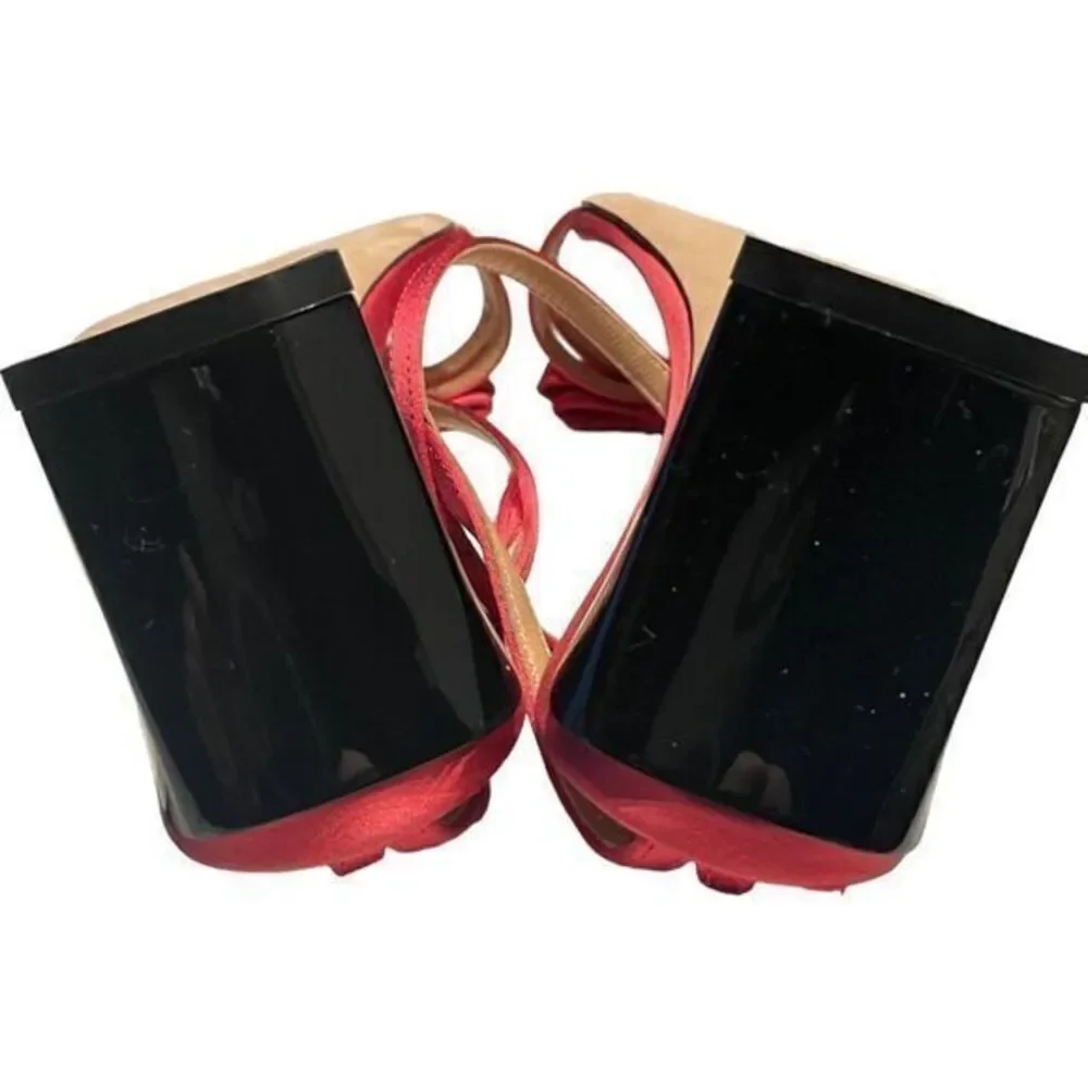 New Sergio Rossi Satin Bow Ankle Strap Block Heel Sandals Pink Size 39‎ EU 9 US